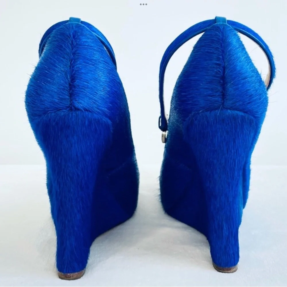 Ann Taylor cobalt blue-platform calf hair wedge heels with ankle buckle strap 7